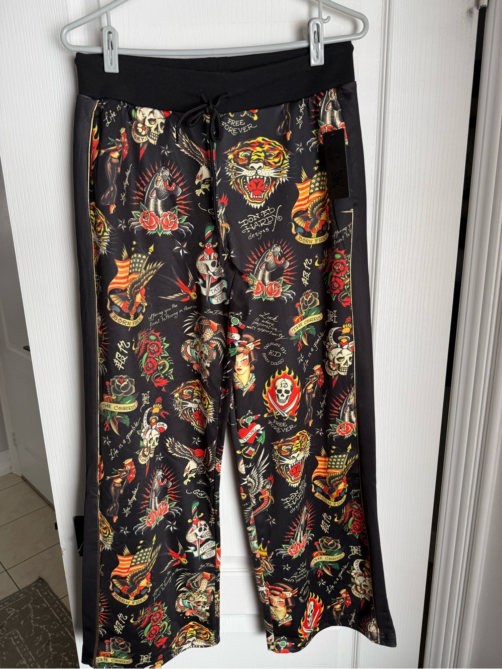 Ed Hardy Black Tattoo-Print Pants with Multicolor Graphics
